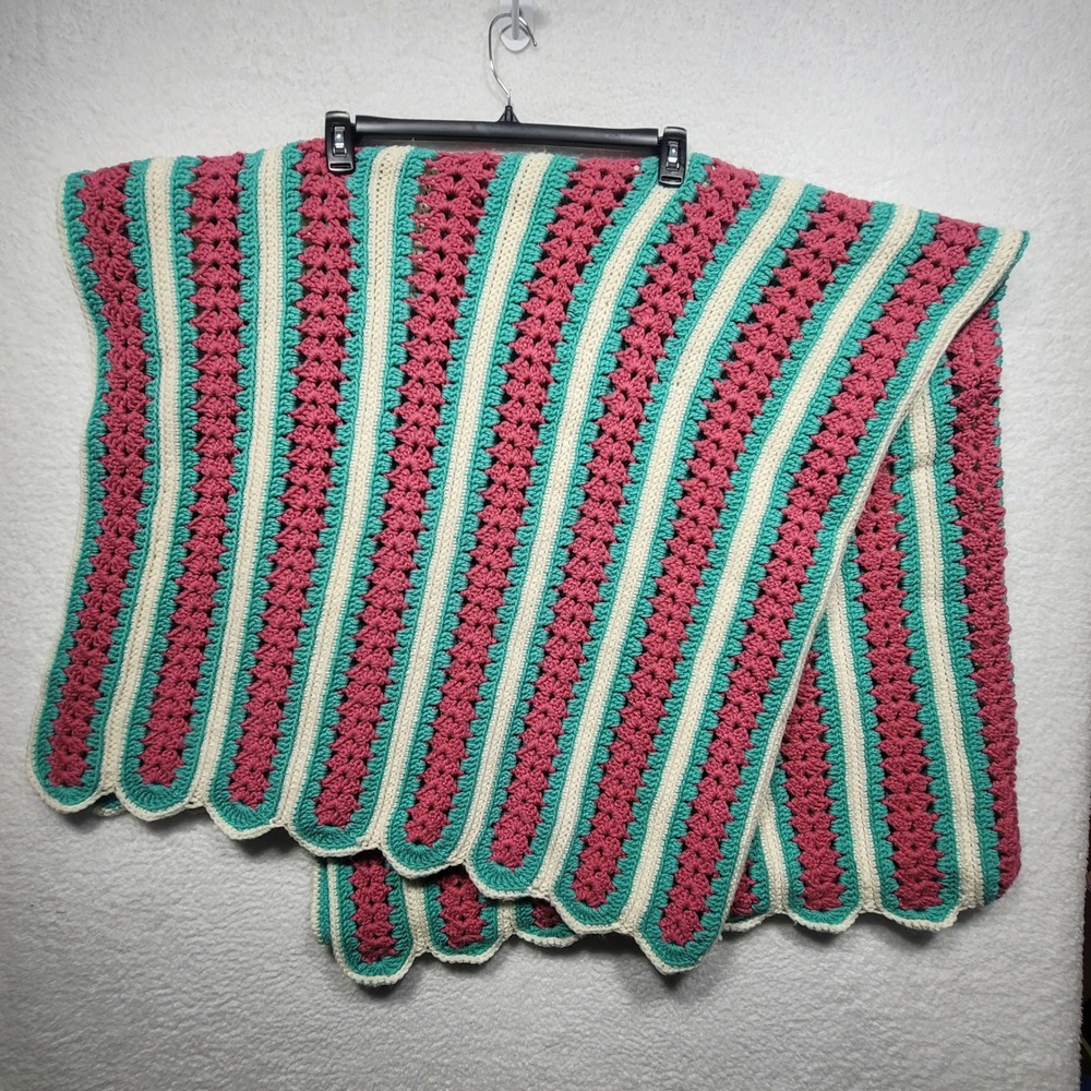Handmade Crochet Blanket Scalloped Stripe Floral Pattern Pink Teal Cream 60x60